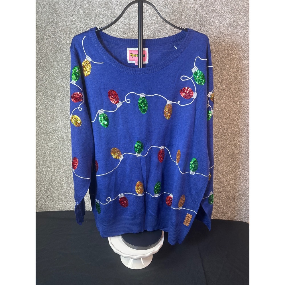Tipsy Elves Women's Christmas Light Sequin Sweater Holiday Party Blue 1X